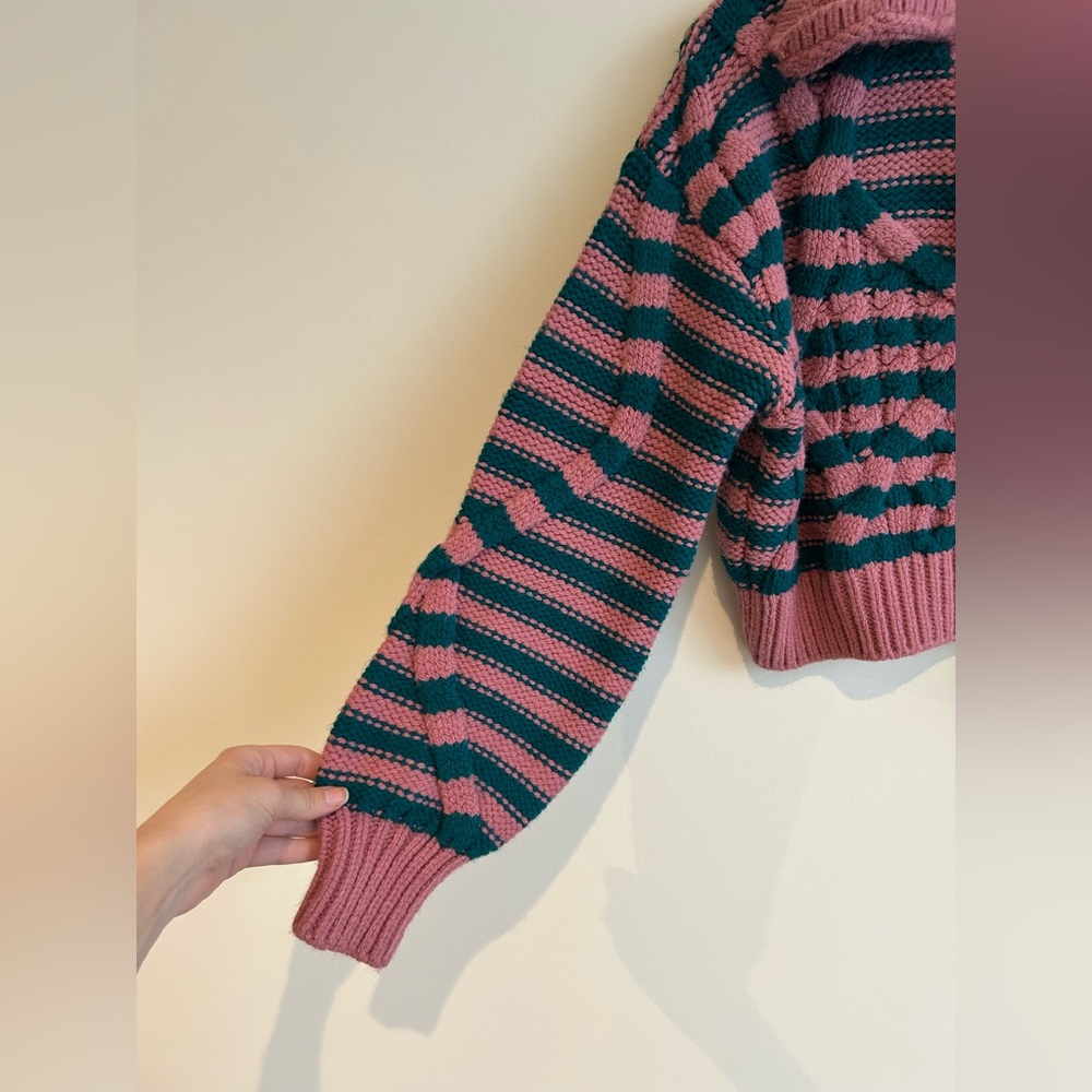 ZARA Ruffled Striped Cable Knit Sweater Pink Green Size S - Picture 9 of 11